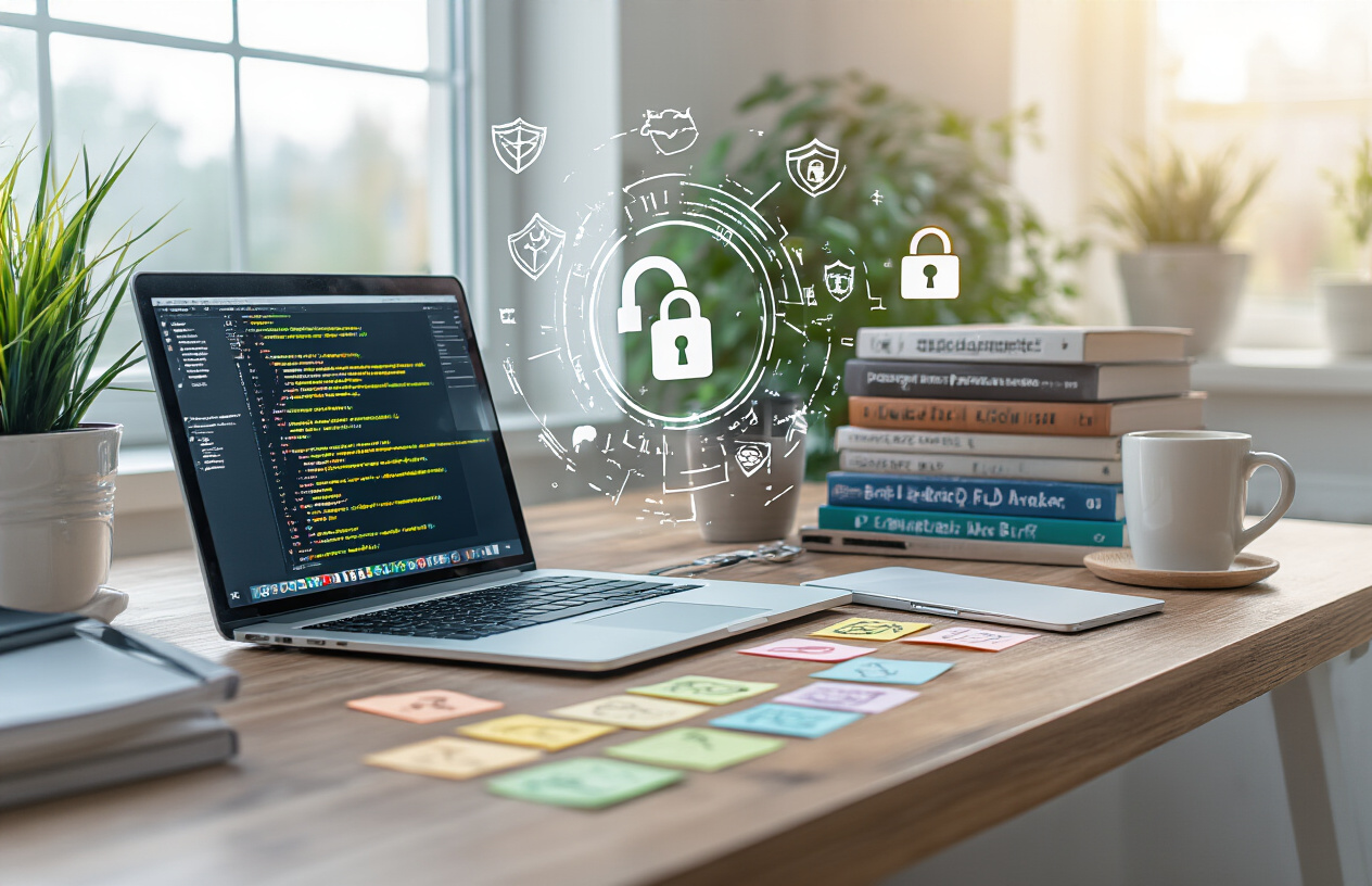 Create a realistic image of a modern office desk setup with a laptop computer displaying code on the screen, surrounded by security-related elements including a digital padlock icon floating above the keyboard, scattered sticky notes with security symbols like shields and keys, a coffee mug, and programming books about cybersecurity stacked nearby, set against a clean white background with soft natural lighting from a window, conveying a sense of completion and mastery over complex security challenges, with warm afternoon sunlight creating a productive and accomplished atmosphere, absolutely NO text should be in the scene.