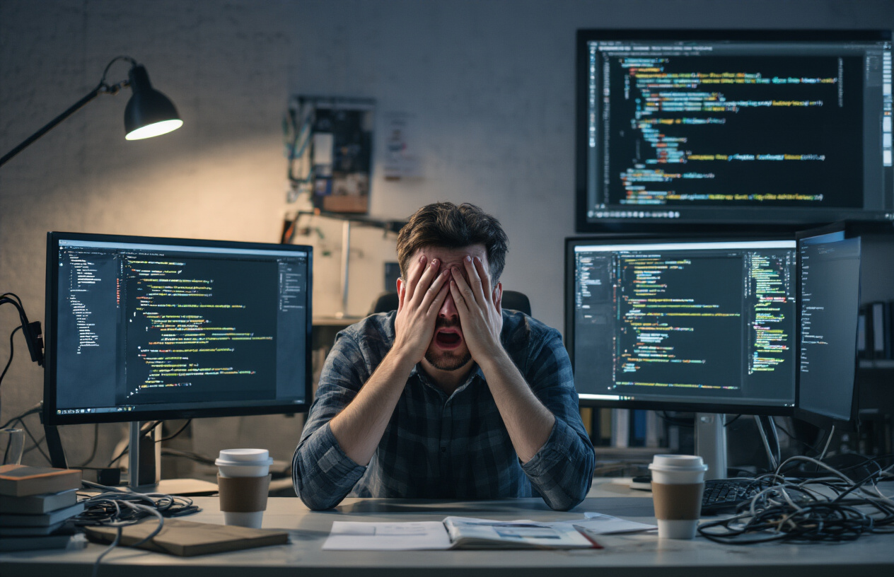 Create a realistic image of a frustrated white male software developer sitting at a modern desk with dual monitors displaying code and error messages, his hands covering his face in exasperation, surrounded by a cluttered workspace with coffee cups and technical books, with a dark office environment lit by the glow of computer screens and a single desk lamp, conveying the overwhelming complexity of debugging web security configurations, with tangled ethernet cables visible in the background suggesting network connectivity issues, absolutely NO text should be in the scene.