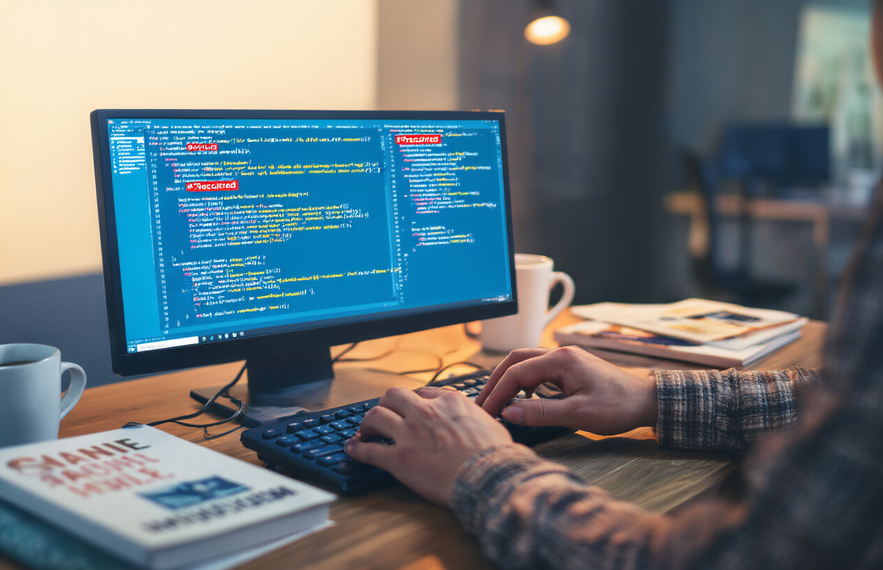 Create a realistic image of a close-up view of a computer screen displaying Java code with Spring Security annotations like @PreAuthorize and @Secured highlighted in red to indicate errors, with a frustrated Asian male developer's hands visible typing on the keyboard in the foreground, the scene is lit by the blue glow of the monitor in a dimly lit modern office environment, with scattered programming books and coffee cups on the desk, creating a mood of confusion and debugging challenges, absolutely NO text should be in the scene.