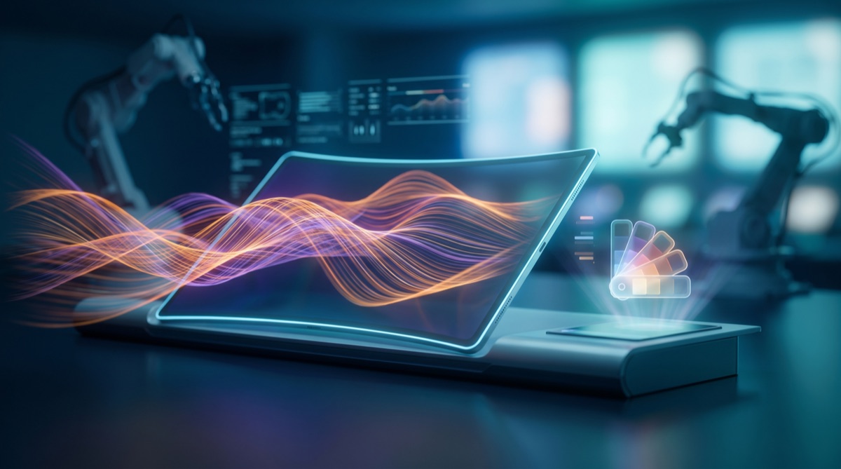A digital canvas with vivid AI-generated artwork emerging from streams of light