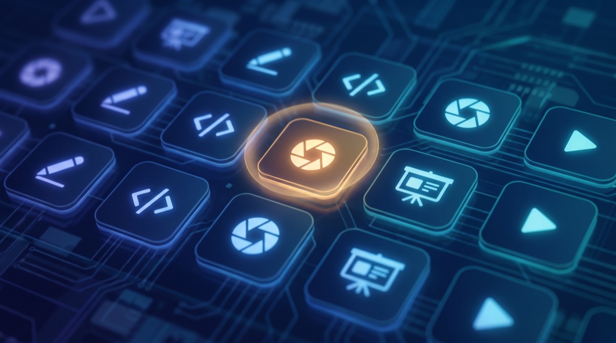 A grid of glowing app tiles for different tasks with the best pick highlighted