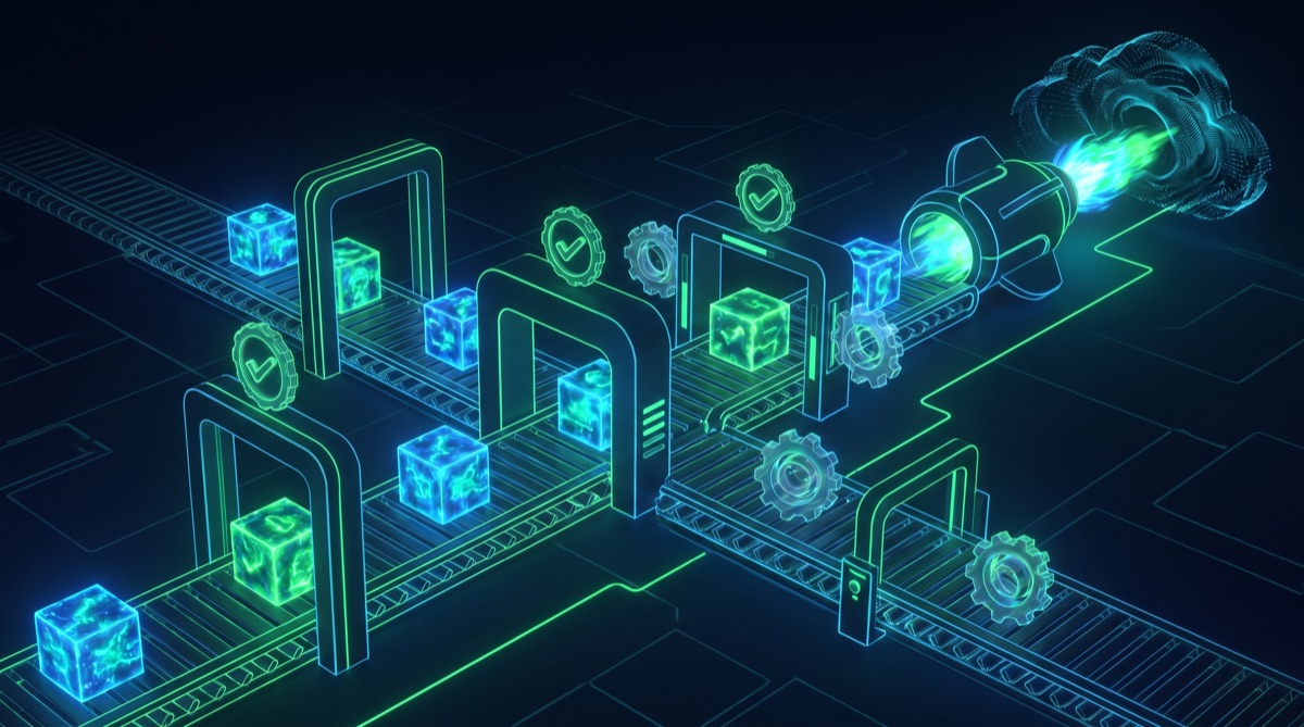 Blocks of code moving along an automated pipeline through checkpoints