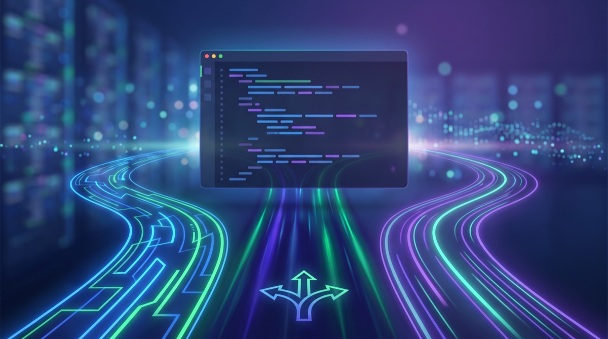 A code editor flanked by three glowing tiles representing AI coding tools