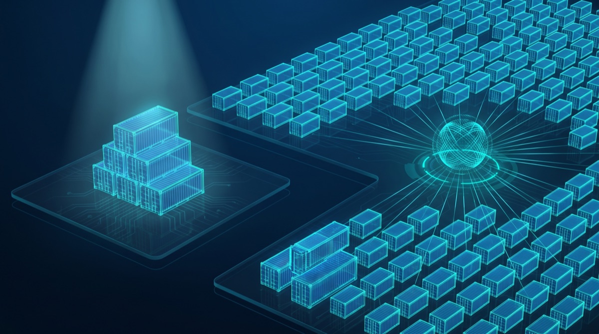 A few stacked containers beside a large orchestrated grid of containers