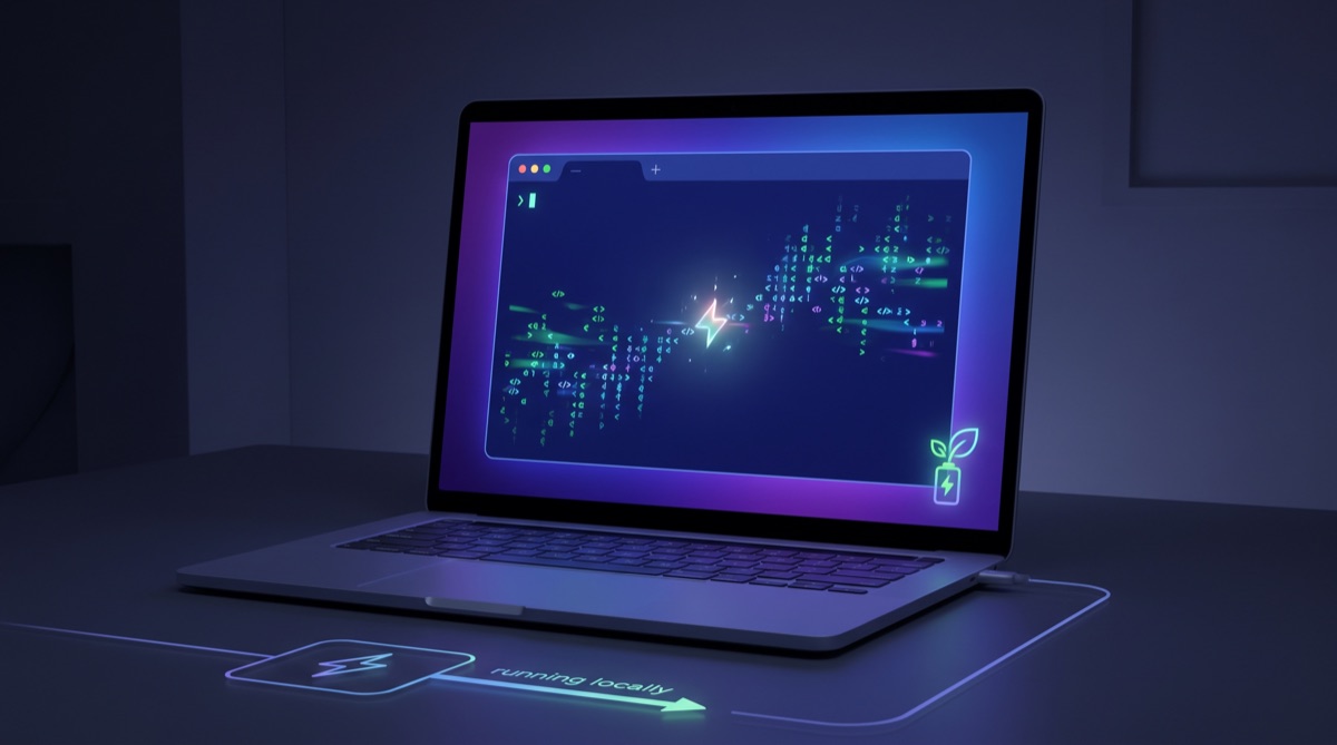 A glowing terminal on a laptop running an AI coding assistant locally