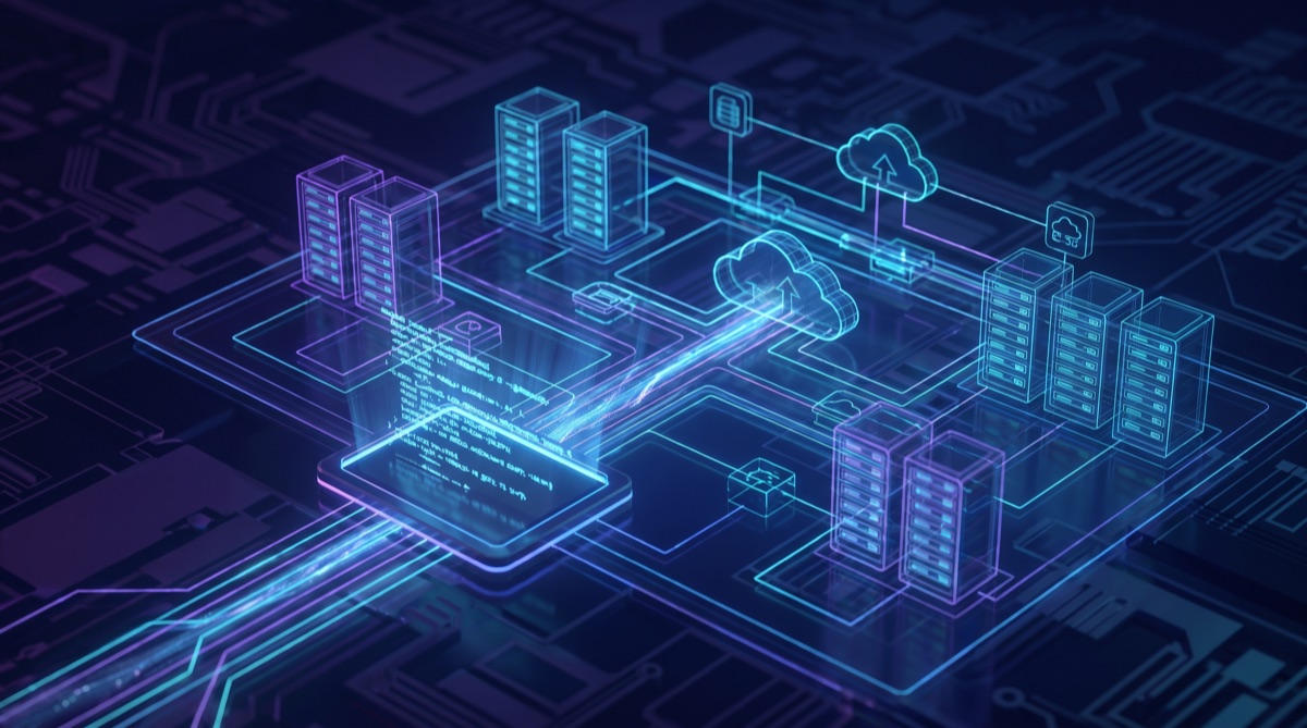 A glowing blueprint of servers and cloud resources generated from code