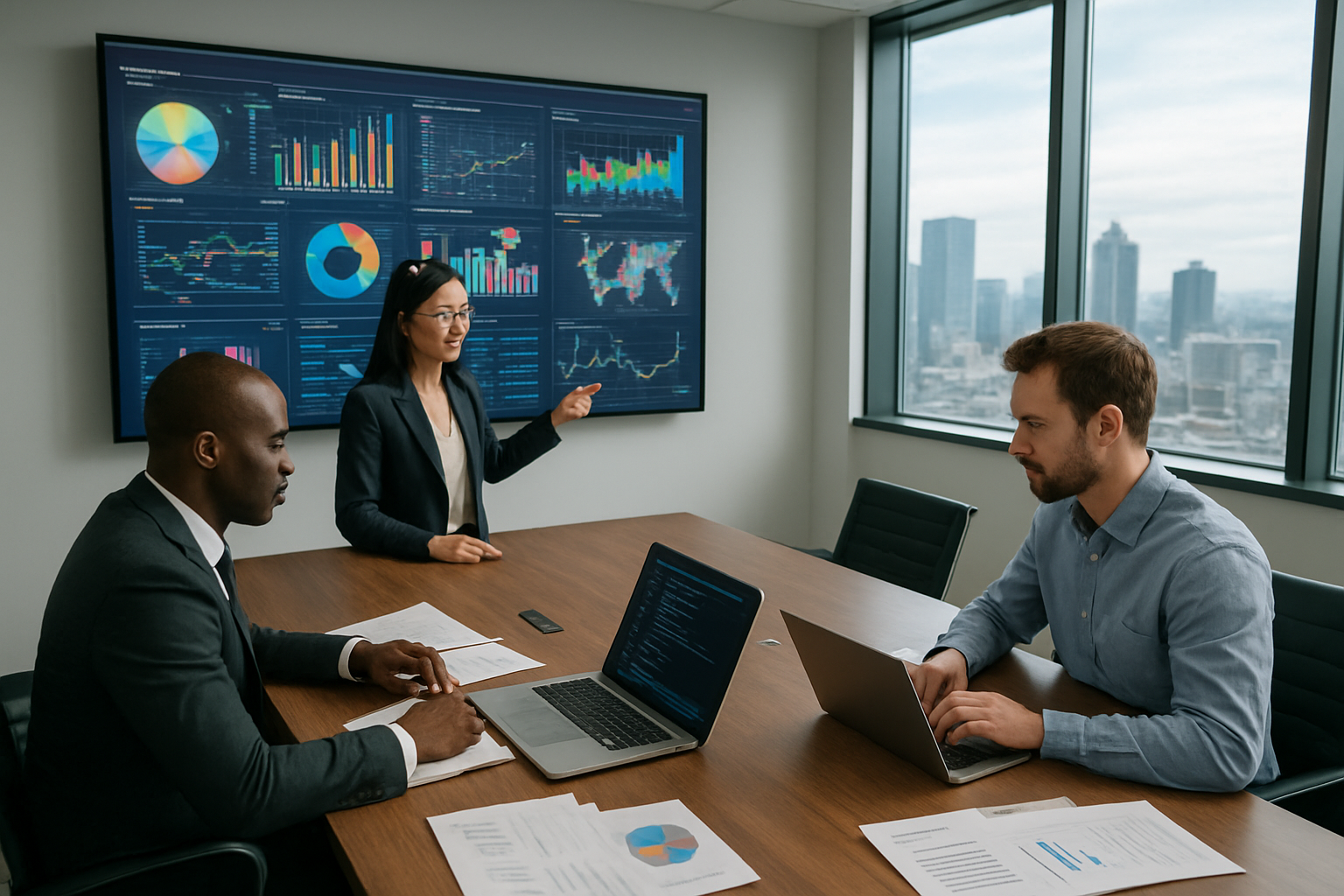 Create a realistic image of a modern office conference room with a large wall-mounted screen displaying colorful data visualizations and real-time analytics dashboards, a sleek wooden conference table with open laptops showing Python code and data charts, scattered technical documents and notebooks, a diverse group of three professionals - one Asian female data scientist pointing at the screen, one black male executive in business attire taking notes, and one white male developer typing on a laptop, large windows showing a city skyline in the background, bright natural lighting mixed with soft LED ceiling lights, professional corporate atmosphere with a sense of strategic decision-making and technological advancement, absolutely NO text should be in the scene.