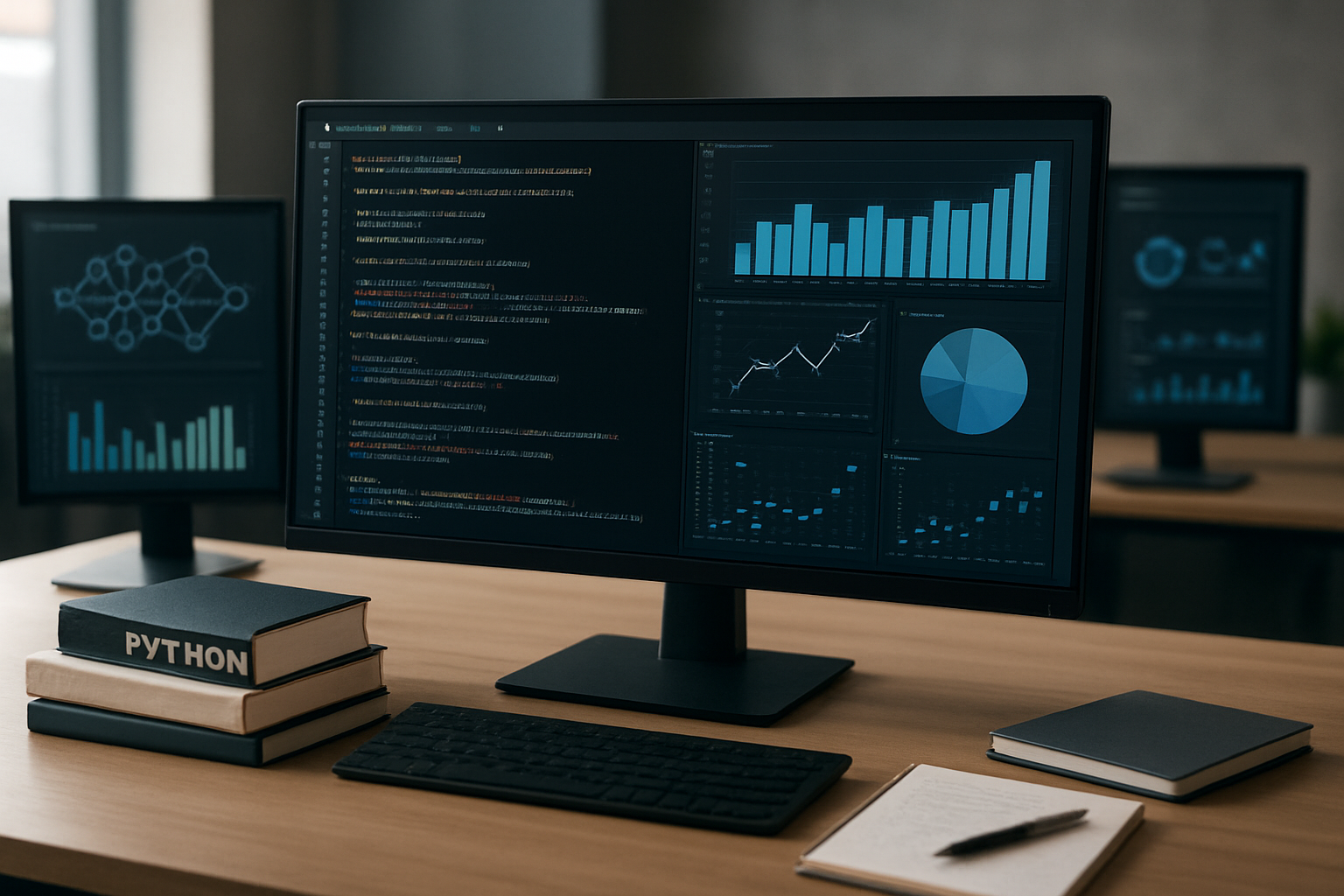 Create a realistic image of a modern office workspace with a large computer monitor displaying Python code and data visualization charts, surrounded by data science elements like statistical graphs, machine learning diagrams, and analytics dashboards on additional screens, with Python programming books and notebooks scattered on a clean desk, set against a contemporary tech office background with soft natural lighting from a window, conveying a professional and dominant atmosphere in the data science field, absolutely NO text should be in the scene.