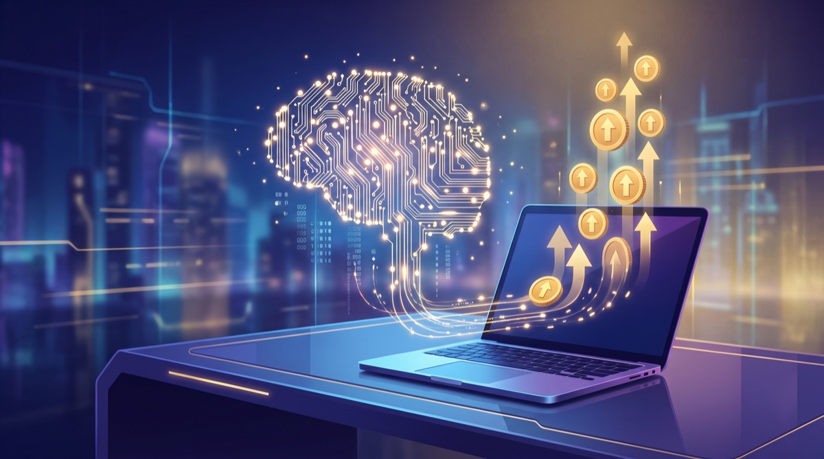 An AI brain connected to rising coins and growth arrows, representing AI income