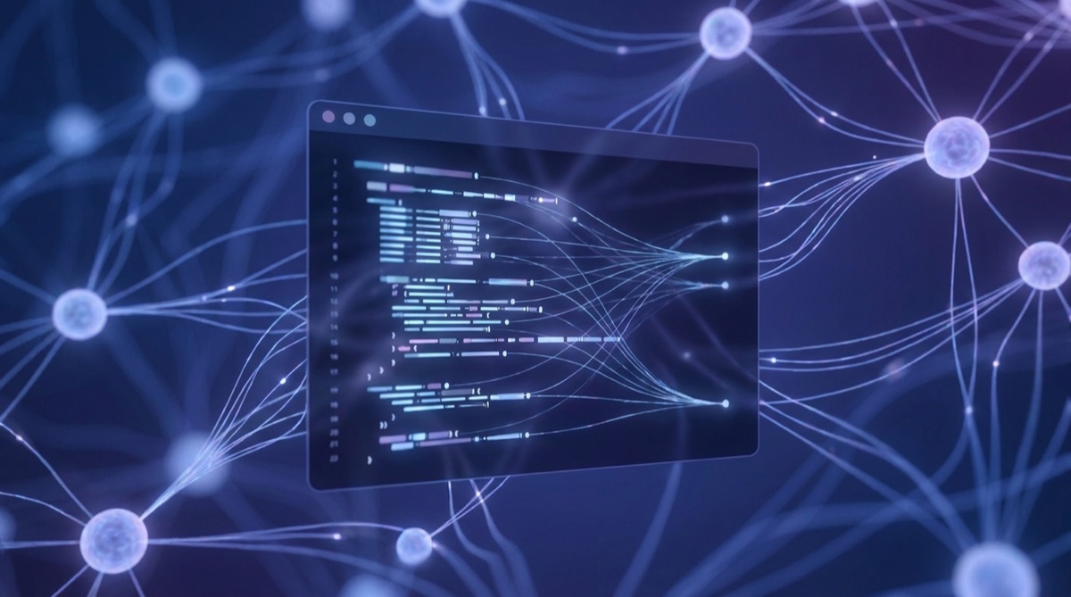An AI coding agent concept: a glowing terminal of code linked to a neural network