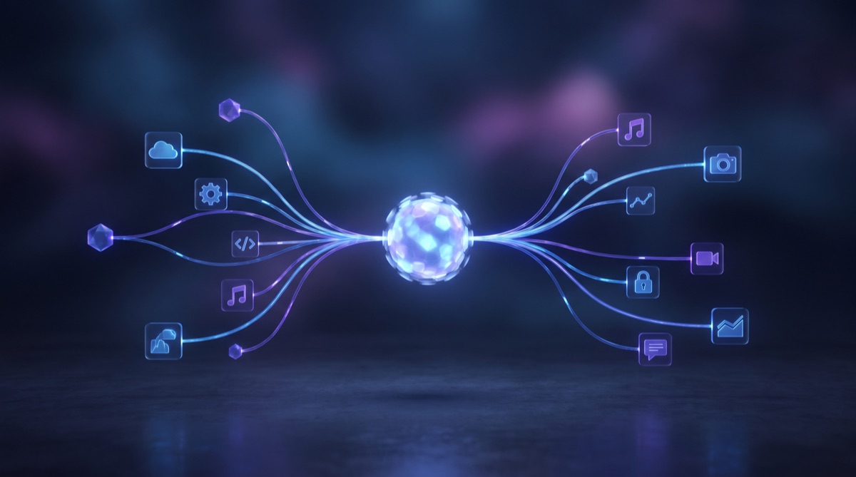 A central hub connecting one AI brain to many tools through light cables