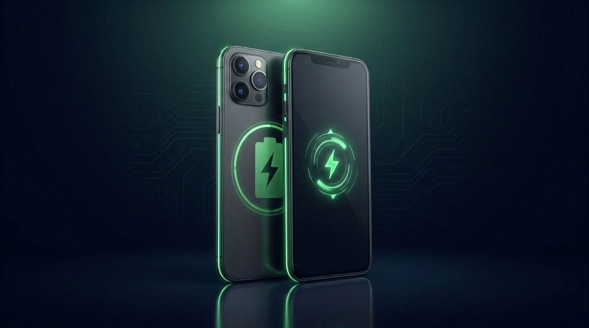 A modern smartphone highlighting a large long-lasting battery with green energy accents