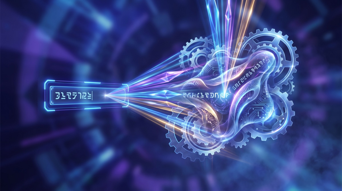 A glowing prompt field shaping a refined AI response with beams of light