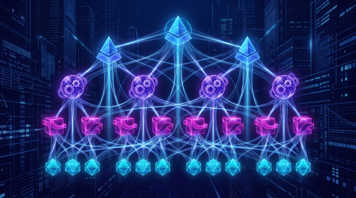 A glowing network of AI agent nodes forming a company organizational structure