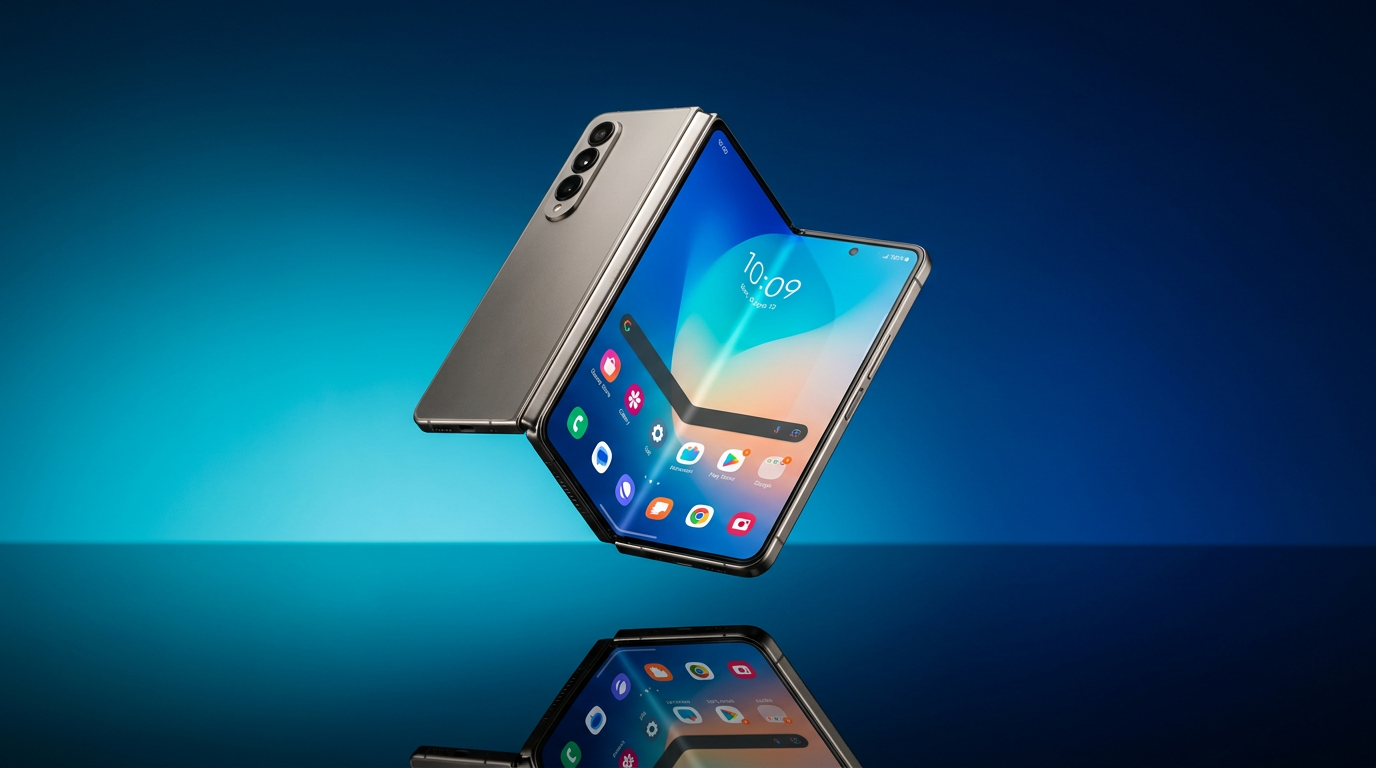 A modern foldable smartphone partially open