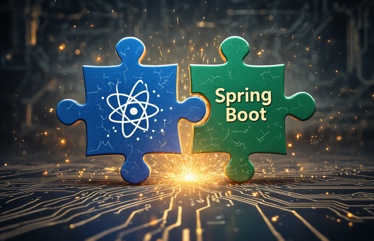 Create a realistic image of two puzzle pieces connecting in mid-air with glowing integration points between them, one piece colored in React blue representing frontend technology and the other in Spring Boot green representing backend technology, set against a dark modern workspace background with subtle circuit board patterns, dramatic lighting highlighting the connection moment with golden sparks emanating from the joining point, conveying breakthrough and revelation, absolutely NO text should be in the scene.