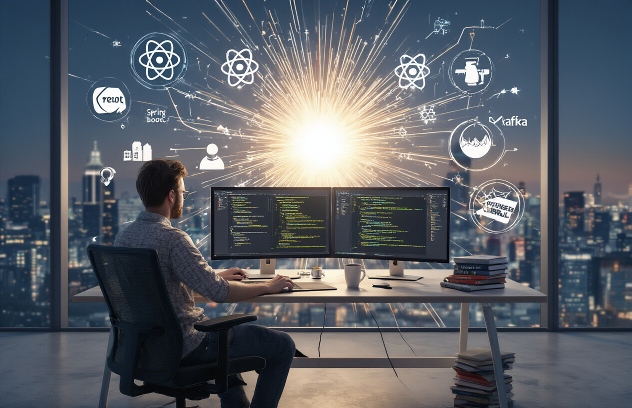 Create a realistic image of a confident white male developer sitting at a modern desk with dual monitors displaying code interfaces, surrounded by interconnected technology icons floating in the air including React logo, Spring Boot symbol, and Kafka imagery, with a bright breakthrough lighting effect coming from behind the screens creating an enlightened atmosphere, multiple programming books and coffee cup on the desk, clean modern office background with large windows showing city skyline, conveying success and mastery of full-stack development, absolutely NO text should be in the scene.