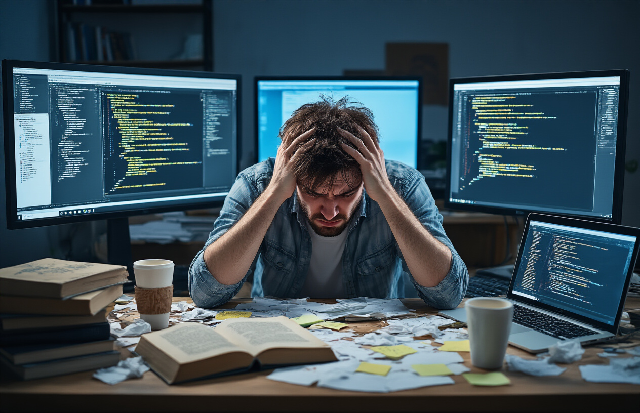 Create a realistic image of a frustrated white male developer in his late 20s sitting at a cluttered desk with multiple monitors showing broken code and error messages, surrounded by scattered programming books with worn covers, empty coffee cups, and crumpled papers, while looking overwhelmed with his head in his hands, set in a dimly lit home office with harsh blue computer screen light illuminating his stressed expression, with a laptop displaying a crashed application interface and sticky notes covering the monitor edges, creating a mood of educational failure and technical confusion, absolutely NO text should be in the scene.