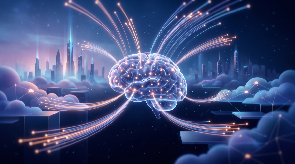 Abstract AI summit with figures around a glowing neural-network brain