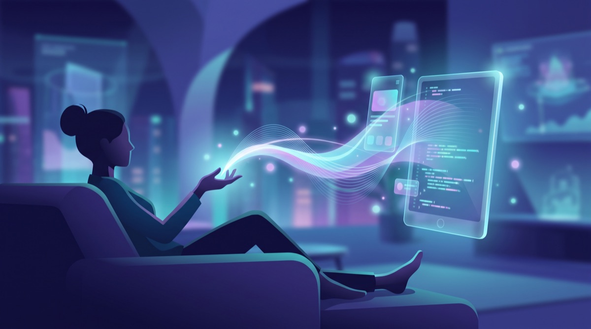 Natural-language words transforming into a working app interface and code