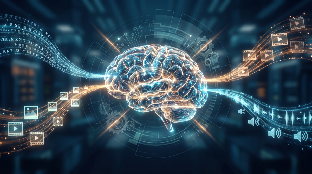Text, image, video and audio streaming into a central glowing AI brain