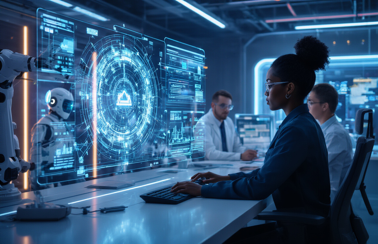 Create a realistic image of a futuristic control center with holographic displays showing interconnected AI nodes and data streams, featuring a diverse team of professionals including a black female data scientist and a white male engineer collaborating at a sleek workstation, with robotic arms and automated systems visible in the background performing various tasks, warm blue and purple ambient lighting creating a high-tech atmosphere, conveying innovation and the successful integration of autonomous AI systems in a modern business environment, absolutely NO text should be in the scene.